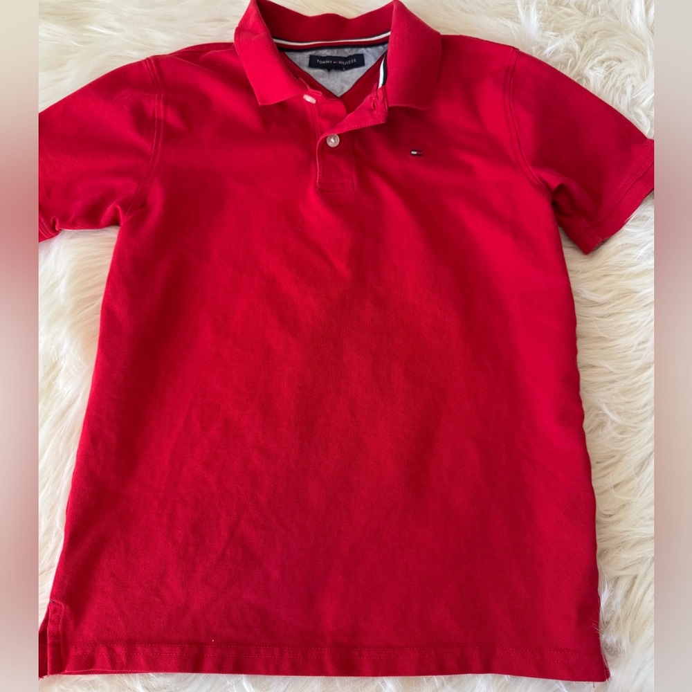 Tommy Hilfiger Red Polo with Logo and Striped Collar